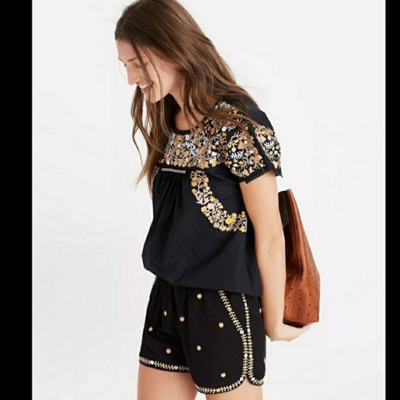 Madewell Embroidered Spring Time Pull-On Shorts Size Med Pockets  Black - Picture 3 of 8